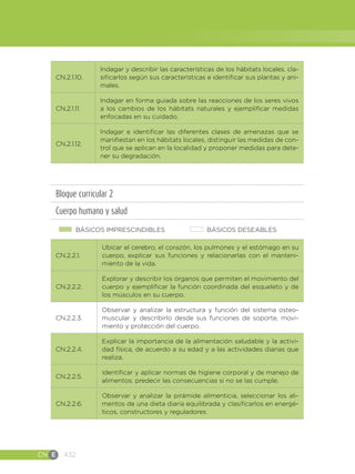CN E 432
CN.2.1.10.
Indagar y describir las características de los hábitats locales, cla-
sificarlos según sus características e identificar sus plantas y ani-
males.
CN.2.1.11.
Indagar en forma guiada sobre las reacciones de los seres vivos
a los cambios de los hábitats naturales y ejemplificar medidas
enfocadas en su cuidado.
CN.2.1.12.
Indagar e identificar las diferentes clases de amenazas que se
manifiestan en los hábitats locales, distinguir las medidas de con-
trol que se aplican en la localidad y proponer medidas para dete-
ner su degradación.
Bloque curricular 2
Cuerpo humano y salud
BÁSICOS IMPRESCINDIBLES BÁSICOS DESEABLES
CN.2.2.1.
Ubicar el cerebro, el corazón, los pulmones y el estómago en su
cuerpo, explicar sus funciones y relacionarlas con el manteni-
miento de la vida.
CN.2.2.2.
Explorar y describir los órganos que permiten el movimiento del
cuerpo y ejemplificar la función coordinada del esqueleto y de
los músculos en su cuerpo.
CN.2.2.3.
Observar y analizar la estructura y función del sistema osteo-
muscular y describirlo desde sus funciones de soporte, movi-
miento y protección del cuerpo.
CN.2.2.4.
Explicar la importancia de la alimentación saludable y la activi-
dad física, de acuerdo a su edad y a las actividades diarias que
realiza.
CN.2.2.5.
Identificar y aplicar normas de higiene corporal y de manejo de
alimentos; predecir las consecuencias si no se las cumple.
CN.2.2.6.
Observar y analizar la pirámide alimenticia, seleccionar los ali-
mentos de una dieta diaria equilibrada y clasificarlos en energé-
ticos, constructores y reguladores.
 