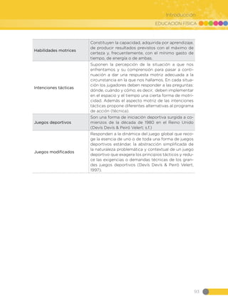 EDUCACIÓN FÍSICA
93
Introducción
Habilidades motrices
Constituyen la capacidad, adquirida por aprendizaje,
de producir resultados previstos con el máximo de
certeza y, frecuentemente, con el mínimo gasto de
tiempo, de energía o de ambas.
Intenciones tácticas
Suponen la percepción de la situación a que nos
enfrentamos y su comprensión para pasar a conti-
nuación a dar una respuesta motriz adecuada a la
circunstancia en la que nos hallamos. En cada situa-
ción los jugadores deben responder a las preguntas:
dónde, cuándo y cómo; es decir, deben implementar
en el espacio y el tiempo una cierta forma de motri-
cidad. Además el aspecto motriz de las intenciones
tácticas propone diferentes alternativas al programa
de acción (técnica).
Juegos deportivos
Son una forma de iniciación deportiva surgida a co-
mienzos de la  década  de  1980  en  el Reino Unido
(Devís Devís & Peiró Velert; s.f.)
Juegos modificados
Responden a la dinámica del juego global que reco-
ge la esencia de uno o de toda una forma de juegos
deportivos estándar, la abstracción simplificada de
la naturaleza problemática y contextual de un juego
deportivo que exagera los principios tácticos y redu-
ce las exigencias o demandas técnicas de los gran-
des juegos deportivos (Devís Devís & Peiró Velert,
1997).
 