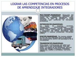 LOGRAR LAS COMPETENCIAS EN PROCESOS 
DE APRENDIZAJE INTEGRADORES 
 MULTIDISPLINARIEDAD: Búsqueda del 
conocimiento, habilidades,, intereses por 
medio de múltiples disciplinas, como 
ejemplo, el plan de estudios o malla 
curricular que conforma la formación 
profesional 
 INTERDISCIPLINARIEDAD: 
Un tejido de eventos, acciones, 
interacciones, determinaciones que 
constituyen nuestro mundo fenoménico. 
Morín, (1994) Conjugación de metodologías 
y lenguajes de varias disciplinas para 
examinar o resolver problemas. Fernández 
(2003) 
 DISCIPLINARIEDAD: De manera aislada 
no son las mas indicadas para el abordaje 
del conocimiento dentro del paradigma de la 
complejidad 
 TRANSDISCIPLINARIEDAD: 
Otras áreas o dimensiones del saber que 
responden a una metodología, más allá, 
entre y a través de las disciplinas, que por 
medio del diálogo produzcan respuestas 
oportunas, viables y confiables. Carmona 
(2004) 
 