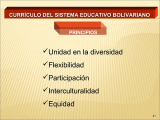 CURRÍCULO DEL SISTEMA EDUCATIVO BOLIVARIANO


                  PRINCIPIOS


          Unidad en la diversidad
          Flexibilidad
          Participación
          Interculturalidad
          Equidad
                                              41
 