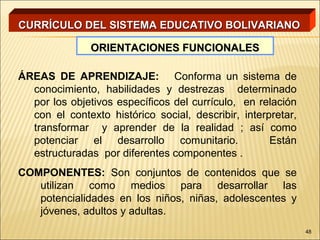 CURRÍCULO DEL SISTEMA EDUCATIVO BOLIVARIANO

               ORIENTACIONES FUNCIONALES

ÁREAS DE APRENDIZAJE: Conforma un sistema de
  conocimiento, habilidades y destrezas determinado
  por los objetivos específicos del currículo, en relación
  con el contexto histórico social, describir, interpretar,
  transformar y aprender de la realidad ; así como
  potenciar el desarrollo comunitario.               Están
  estructuradas por diferentes componentes .
COMPONENTES: Son conjuntos de contenidos que se
   utilizan como medios para desarrollar las
   potencialidades en los niños, niñas, adolescentes y
   jóvenes, adultos y adultas.
                                                              48
 