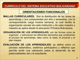 CURRÍCULO DEL SISTEMA EDUCATIVO BOLIVARIANO

                  ORIENTACIONES FUNCIONALES
MALLAS CURRICULARES: Son la distribución de las áreas de
   aprendizaje y sus componentes por año o semestres, con la
   correspondiente carga horaria semanal, la cual facilita la
   organización escolar de cada institución y de cada maestro y
   maestra se aplica desde la educación Primaria Bolivariana.
ORGANIZACIÓN DE LOS APRENDIZAJES: son las formas como se
   organizan y estructuran los diferentes elementos que condicionan
   el proceso de aprendizaje, tales como: la clase, el proyecto y el
   plan integral.
EVALUACIÓN DE LOS APRENDIZAJES: se define como un
   proceso sistemático, sistémico participativo y reflexivo que
   permite emitir una valoración sobre el desarrollo de las
   potencialidades del y la estudiante.
                                                                       49
 