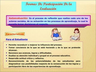 Formas De Participación De la
                            Evaluación

  Autoevaluación: Es el proceso de reflexión que realiza cada uno de los
  actores sociales, de su actuación en los procesos de aprendizaje, lo cual le
  permite tomar decisiones al respecto.




Características

Para el Estudiante

  Permite reconducir o mejorar la influencia del proceso.
  Tomar conciencia de lo que se está haciendo y de lo que se pretende
  alcanzar.
  Reconoce sus avances, logros y dificultades.
  Dualiza su atención individual y grupal en el proceso educativo.
  Desarrolla actitud crítica y reflexiva.
  Reconocimiento     de   las   potencialidades   de   los   estudiantes   para
  diagnosticar sus posibilidades respecto de la consecución de los logros y
  participación libre de las experiencias de aprendizaje.
 