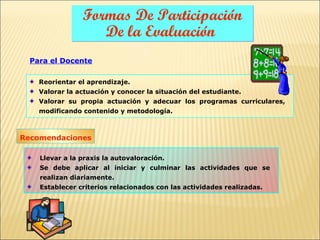 Formas De Participación
                   De la Evaluación
  Para el Docente

    Reorientar el aprendizaje.
    Valorar la actuación y conocer la situación del estudiante.
    Valorar su propia actuación y adecuar los programas curriculares,
    modificando contenido y metodología.



Recomendaciones

    Llevar a la praxis la autovaloración.
    Se debe aplicar al iniciar y culminar las actividades que se
    realizan diariamente.
    Establecer criterios relacionados con las actividades realizadas.
 