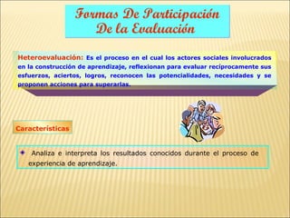 Formas De Participación
                     De la Evaluación
Heteroevaluación: Es el proceso en el cual los actores sociales involucrados
en la construcción de aprendizaje, reflexionan para evaluar recíprocamente sus
esfuerzos, aciertos, logros, reconocen las potencialidades, necesidades y se
proponen acciones para superarlas.




Características


    Analiza e interpreta los resultados conocidos durante el proceso de
   experiencia de aprendizaje.
 