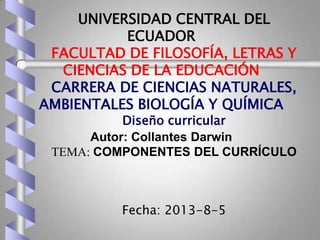 UNIVERSIDAD CENTRAL DEL
ECUADOR
FACULTAD DE FILOSOFÍA, LETRAS Y
CIENCIAS DE LA EDUCACIÓN
CARRERA DE CIENCIAS NATURALES,
AMBIENTALES BIOLOGÍA Y QUÍMICA

Diseño curricular
Autor: Collantes Darwin
TEMA: COMPONENTES DEL CURRÍCULO

Fecha: 2013-8-5

 
