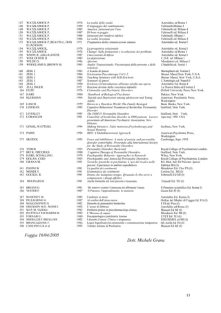 147    WATZLAWICK P.                  1976   La realtà della realtà                                           Astrolabio ed Roma I
148    WATZLAWICK P.                  1989   Il linguaggio del cambiamento.                                   Feltrinelli,Milano I
149    WATZLAWICK P.                  1985   America ,istruzioni per l'uso                                    Feltrinelli ed. Milano I
150    WATZLAWICK P.                  1987   Di bene in peggio                                                Feltrinelli ed. Milano I
151    WATZLAWICK P.                  1988   Istruzioni per rendersi infelici.                                Feltrinelli, Milano I
152    WATZLAWICK P.                  1988   La realtà inventata                                              Feltrinelli ed. Milano I
153    WATZLAWICK P.,BEAVIN J., DON   1971   Pragmatica della comunicazione umana.                            Astrolabio ed. Roma I
       D.JACKSON
154    WATZLAWICK,                    1978   La prospettiva relazionale                                       Astrolabio ed. Roma I
155    WATZLAWICK                     1974   Change: Sulla formazione e la soluzione dei problemi.            Astrolabio ed Roma I
156    WHITE R. ,GILLILAND R.         1987   I meccanismi di difesa                                           Astrolabio ed. Roma I
157    WIDLOCHER D.                   1985   La depressione                                                   C.D.E. ed. Milano I
158    WILDE O.                       1986   Aforismi                                                         Mondadori ed. Milano I
159    WOOLLAMS S.,BROWN M.           1985   Analisi Transazionale. Psicoterapia della persona e delle        Cittadella ed. Assisi I
                                             relazioni.
160    ZEIG J.                        1983   A Scuola di ipnosi                                               Boringhieri ed. Torino I
161    ZEIG J.                        1986   Ericksonian Psycotherapy Vol 1-2.                                Bruner Mazel,New York, U.S.A.
162    ZEIG J.                        1986   Teaching Seminary with M.H.Erickson.                             Bruner Mazel, New York, U.S.A.
163    ZEIG J.                        1987   Seminari di ipnosi                                               L'Antologia ed. Napoli I
164    ZEIG J.                        1990   Erickson.Un'introduzione all'uomo ed alla sua opera.             Astrolabio Ed. Roma I
165    ZULLINGER                      1971   Reazioni deviate della coscienza infantile.                      La Nuova Italia ed.Firenze I
 166   GUZE                           1976   Criminality and Psychiatric Disorders                            Oxford University Press, New York.
 167   HARE                           1980    Handbook of Biological Psychiatry                               Dekker, New York.
 168   KLERMAN                        1986    Suicide and Depression among adolescent and Young               American Psychiatric Press,
                                             Adults                                                           Washington.
169 LASCH                             1979   Haven in a Heartless World: The Family Besieged                  Basic Books, New York.
170 LINEHAN                           1993   Cognitive Behavioral Treatment of Borderline Personality         Guilford, New York.
                                             Disorder
171 LIVESLEY                          1995   The DSM-IV Personality Disorders                                 Guilford, New York.
172 LORANGER                          1991   Comorbity of borderline disorder in 5000 patients. Lavoro        Apa may 1991 USA
                                             presentato all'American Psychiatric Association, New
                                             Orleans.
173 GFSHE, WATTERS                    1994   Making Monsters: False memories,Psychotherapy,and                Scribner, New York.
                                             Sexual Hysteria
174 PARIS                             1994   BPD: A Multidimensional Approach.                                American Psychiatric Press,
                                                                                                              Washington
175 SKODOL                            1993   Fears and inhibitions: A study of anxiety and personality        Cambridge, Sept. 1993
                                             disorder comorbidity. Presentato alla International Society
                                             for the Study of Personality Disorders
176    TYRER                          1993   Personality Disorders Reviewed.                                  Royal College of Psychiatrists London.
177    BECK, FREEMAN                  1990    Cognitive Therapy of Personality Disorders.                     Guilford, New York.
178    HARE, SCHALLING.               1978   Psychopathic Behavior: Approaches to Research                    Wiley, New York.
179    DOLAN, COID                    1993   Psychopathic and Antisocial Personality Disorders.               Royal College of Psychiatrists, London
180    GRANA M.                       1991   Tecniche ipnotiche in psichiatria: L’uso del ricalco nelle       Riv.Med. Ital. Di Psicoter. Ipnosi
                                             psicosi. Esperienze in ambito ospedaliero                        Editrice BO (I)
181 PASINI W                          1991   La qualità dei sentimenti                                        Mondatori Ed. Cles TN (I)
182 MOSER T.                          1991   Grammatica dei sentimenti                                        Cortina Ed. MI (I)
183 GOCKEL R.                         1991   Donne che mangiano troppo. Qwuando il cibo serve a               Feltrinelli Ed MI (I)
                                             compensarte i disagi affettivi
184 MOLINARI M.                       1991   Anche formiche nel loro piccolo s’ncazzano.                      Einaudi Ed. TO (I)

185 BRESSA G.                         1991   Mi sentivo svenire Conoscere ed affrontare l'ansia               Il Pensiero scientifico Ed. Roma I)
186 VESTER F.                         1987   Il Pensiero, l'apprendimento, la memoria.                        Giunti Ed. FI (I)

187    MAHONEY M.                     1985   Cambiare se stessi                                               Astrolabio Ed. Roma (I)
188    PELLEGRINO A.                  1987   Ai confini dell’etica meica                                      Ordine dei Medici di Foggia Ed. FG (I)
189    MAGGINI-PINTUS                 1992   Disturbo di personalità borderline                               ETS ed. Pisa (I)
190    ERICKSON M.H.- ROSSI E         1992   L’uomo di febbraio                                               Astrolabio ed Roma (I)
191    MAY M. VIZIOLI                 1992   Problemi pratici in psicofarmacologi clinica                     Masson Ed MI (I)
192    PIATTELLI PALMARINI M          1993   L’Illusione di sapere                                            Mondatori Ed. MI (I)
193    FORNARI U.                     1989   Psicopatologia e psichiatria forense                             UTET Ed TO (I)
194    SMERALDI E BRELLODI            1992   I disturbi d’ansia: Clinica e terapiansia                        EDI ERMES ed MI (I)
195    BRANCALEONE F.                 1992   Logos Significatività esistenziale e comunicazione terapeutica   Gli Archi Ed TO (I)
196    CASSANO G.B et al              1993   Trattato italiano di Psichiatria                                 Masson Ed MI (I)


       Foggia 16/04/2005
                                                                                Dott. Michele Grana




                                                                                                                                    13
 
