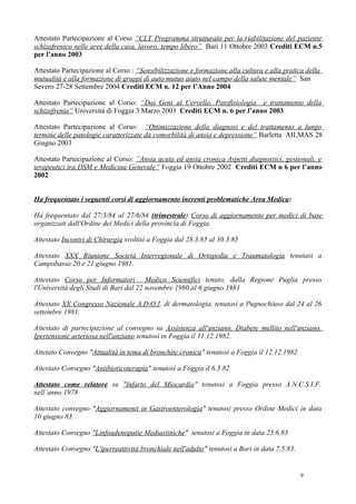 Attestato Partecipazione al Corso “CLT Programma strutturato per la riabilitazione del paziente
schizofrenico nelle aree della casa, lavoro, tempo libero” Bari 11 Ottobre 2003 Crediti ECM n.5
per l’anno 2003

Attestato Partecipazione al Corso : “Sensibilizzazione e formazione alla cultura e alla pratica della
mutualità e alla formazione di gruppi di auto mutuo aiuto nel campo della salute mentale” San
Severo 27-28 Settembre 2004 Crediti ECM n. 12 per l’Anno 2004

Attestato Partecipazione al Corso: “Dai Geni al Cervello, Patofisiologia e trattamento della
schizofrenia” Università di Foggia 3 Marzo 2003 Crediti ECM n. 6 per l’anno 2003

Attestato Partecipazione al Corso: “Ottimizzazione della diagnosi e del trattamento a lungo
termine delle patologie caratterizzate da comorbilità di ansia e depressione” Barletta AILMAS 28
Giugno 2003

Attestato Partecipazione al Corso: ”Ansia acuta ed ansia cronica Aspetti diagnostici, gestionali, e
terapeutici tra DSM e Medicina Generale” Foggia 19 Ottobre 2002 Crediti ECM n 6 per l’anno
2002


Ha frequentato i seguenti corsi di aggiornamento inerenti problematiche Area Medica:

Ha frequentato dal 27/3/84 al 27/6/84 (trimestrale) Corso di aggiornamento per medici di base
organizzati dall'Ordine dei Medici della provincia di Foggia.

Attestato Incontri di Chirurgia svoltisi a Foggia dal 28.3.85 al 30.3.85

Attestato XXX Riunione Società Interregionale di Ortopedia e Traumatologia tenutasi a
Campobasso 20 e 21 giugno 1981.

Attestato Corso per Informatori Medico Scientifici tenuto, dalla Regione Puglia presso
l'Università degli Studi di Bari dal 22 novembre 1980 al 6 giugno 1981

Attestato XX Congresso Nazionale A.D.O.I. di dermatologia, tenutosi a Pugnochiuso dal 24 al 26
settembre 1981.

Attestato di partecipazione al convegno su Assistenza all'anziano, Diabete mellito nell'anziano,
Ipertensione arteriosa nell'anziano tenutosi in Foggia il 11.12.1982.

Attetato Convegno "Attualità in tema di bronchite cronica" tenutosi a Foggia il 12.12.1982

Attestato Convegno "Antibioticoterapia" tenutosi a Foggia il 6.3.82.

Attestato come relatore su "Infarto del Miocardio" tenutosi a Foggia presso A.N.C.S.I.F.
nell’anno 1978

Attestato convegno "Aggiornamenti in Gastroenterologia" tenutosi presso Ordine Medici in data
10 giugno 83.

Attestato Convegno "Linfoadenopatie Mediastiniche" tenutosi a Foggia in data 25.6.83

Attestato Convegno "L'iperreattività bronchiale nell'adulto" tenutosi a Bari in data 7.5.83.


                                                                                               9
 