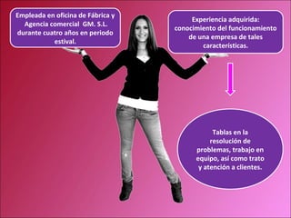 Empleada en oficina de Fábrica y
Agencia comercial GM. S.L.
durante cuatro años en periodo
estival.
Experiencia adquirida:
conocimiento del funcionamiento
de una empresa de tales
características.
Tablas en la
resolución de
problemas, trabajo en
equipo, así como trato
y atención a clientes.
 