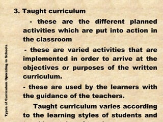 3. Taught curriculum  - these are the different planned activities which are put into action in the classroom - these are varied activities that are implemented in order to arrive at the objectives or purposes of the written curriculum. - these are used by the learners with the guidance of the teachers. Taught curriculum varies according to the learning styles of students and teaching styles of teachers. 