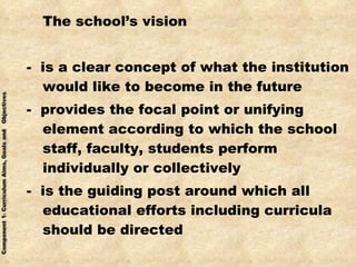 The school’s vision -  is a clear concept of what the institution would like to become in the future -  provides the focal point or unifying element according to which the school staff, faculty, students perform individually or collectively -  is the guiding post around which all educational efforts including curricula should be directed 