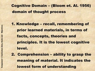 Cognitive Domain – (Bloom et. Al. 1956) domain of thought process 1. Knowledge – recall, remembering of prior learned materials, in terms of facts, concepts, theories and  principles. It is the lowest cognitive level. 2.  Comprehension – ability to grasp the meaning of material. It indicates the lowest form of understanding 