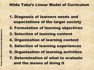 Hilda Taba’s Linear Model of Curriculum 1. Diagnosis of learners needs and expectations of the larger society 2. Formulation of learning objectives 3. Selection of learning content 4. Organization of learning content 5. Selection of learning experiences 6. Organization of learning activities 7. Determination of what to evaluate and the means of doing it 