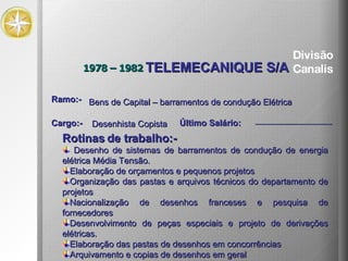 1978 – 1982 TELEMECANIQUE S/A  Rotinas de trabalho:- Desenho de sistemas de barramentos de condução de energia elétrica Média Tensão. Elaboração de orçamentos e pequenos projetos Organização das pastas e arquivos técnicos do departamento de projetos Nacionalização de desenhos franceses e pesquisa de fornecedores Desenvolvimento de peças especiais e projeto de derivações elétricas. Elaboração das pastas de desenhos em concorrências Arquivamento e copias de desenhos em geral Divisão Canalis Bens de Capital – barramentos de condução Elétrica Ramo:- Cargo:- Desenhista Copista Último Salário: ----------------------------------- 