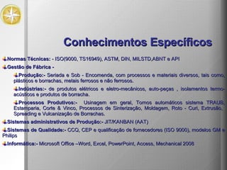 Normas Técnicas:  - ISO(9000, TS16949), ASTM, DIN, MILSTD,ABNT e API Gestão de Fábrica -  Produção:-  Seriada e Sob - Encomenda, com processos e materiais diversos, tais como, plásticos e borrachas, metais ferrosos e não ferrosos. Indústrias:-  de produtos elétricos e eletro-mecânicos, auto-peças , isolamentos termo-acústicos e produtos de borracha. Processos Produtivos:-   Usinagem em geral, Tornos automáticos sistema TRAUB, Estamparia, Corte & Vinco, Processos de Sinterização, Moldagem, Roto - Curi, Extrusão,  Spreading e Vulcanização de Borrachas. Sistemas administrativos de Produção:-  JIT/KANBAN (AAT) Sistemas de Qualidade:-  CCQ, CEP e qualificação de fornecedores (ISO 9000), modelos GM e Philips Informática:-  Microsoft Office –Word, Excel, PowerPoint, Access, Mechanical 2008 Conhecimentos Específicos 