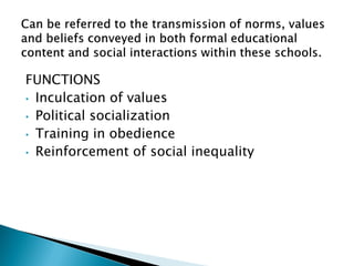 FUNCTIONS
• Inculcation of values
• Political socialization
• Training in obedience
• Reinforcement of social inequality
 