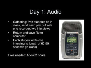 Day 1: Audio Gathering: Pair students off in class, send each pair out with one recorder, two interviews Return and save file to computer Each student edits one interview to length of 60-90 seconds (in class) Time needed: About 2 hours 