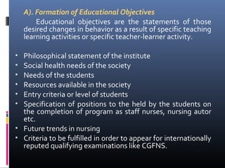 A). Formation of Educational Objectives
Educational objectives are the statements of those
desired changes in behavior as a result of specific teaching
learning activities or specific teacher-learner activity.
Philosophical statement of the institute
Social health needs of the society
Needs of the students
Resources available in the society
Entry criteria or level of students
Specification of positions to the held by the students on
the completion of program as staff nurses, nursing autor
etc.
• Future trends in nursing
• Criteria to be fulfilled in order to appear for internationally
reputed qualifying examinations like CGFNS.
•
•
•
•
•
•

 