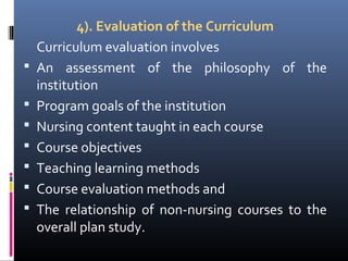 







4). Evaluation of the Curriculum
Curriculum evaluation involves
An assessment of the philosophy of the
institution
Program goals of the institution
Nursing content taught in each course
Course objectives
Teaching learning methods
Course evaluation methods and
The relationship of non-nursing courses to the
overall plan study.

 