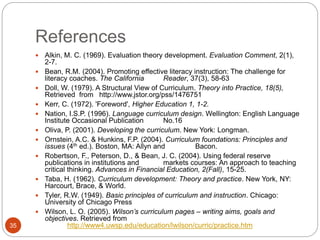 References
35
 Alkin, M. C. (1969). Evaluation theory development. Evaluation Comment, 2(1),
2-7.
 Bean, R.M. (2004). Promoting effective literacy instruction: The challenge for
literacy coaches. The California Reader, 37(3), 58-63
 Doll, W. (1979). A Structural View of Curriculum. Theory into Practice, 18(5),
Retrieved from http://www.jstor.org/pss/1476751
 Kerr, C. (1972). 'Foreword', Higher Education 1, 1-2.
 Nation, I.S.P. (1996). Language curriculum design. Wellington: English Language
Institute Occasional Publication No.16
 Oliva, P. (2001). Developing the curriculum. New York: Longman.
 Ornstein, A.C. & Hunkins, F.P. (2004). Curriculum foundations: Principles and
issues (4th ed.). Boston, MA: Allyn and Bacon.
 Robertson, F., Peterson, D., & Bean, J. C. (2004). Using federal reserve
publications in institutions and markets courses: An approach to teaching
critical thinking. Advances in Financial Education, 2(Fall), 15-25.
 Taba, H. (1962). Curriculum development: Theory and practice. New York, NY:
Harcourt, Brace, & World.
 Tyler, R.W. (1949). Basic principles of curriculum and instruction. Chicago:
University of Chicago Press
 Wilson, L. O. (2005). Wilson’s curriculum pages – writing aims, goals and
objectives. Retrieved from
http://www4.uwsp.edu/education/lwilson/curric/practice.htm
 