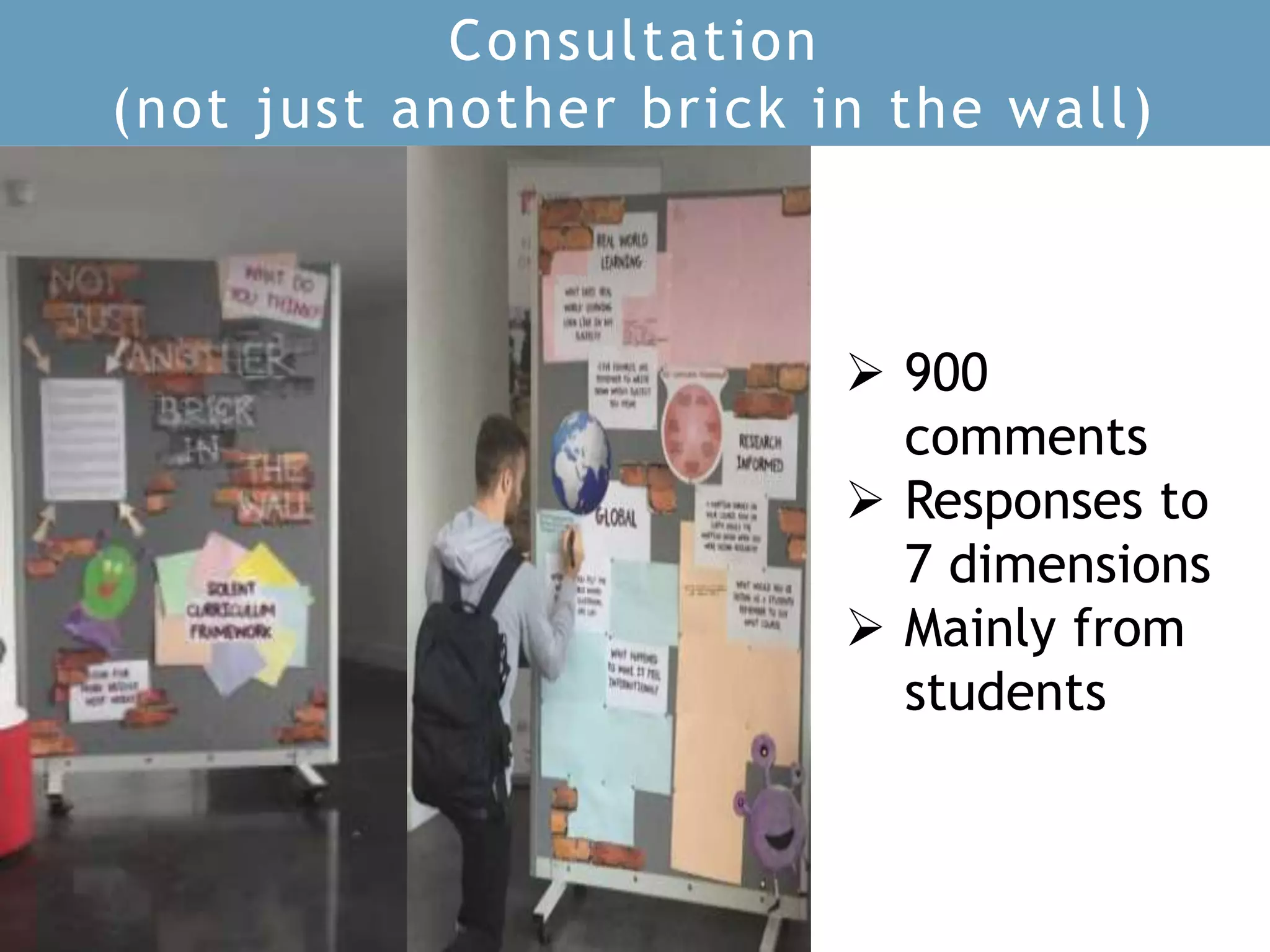 Consultation
(not just another brick in the wall)
 900
comments
 Responses to
7 dimensions
 Mainly from
students
 