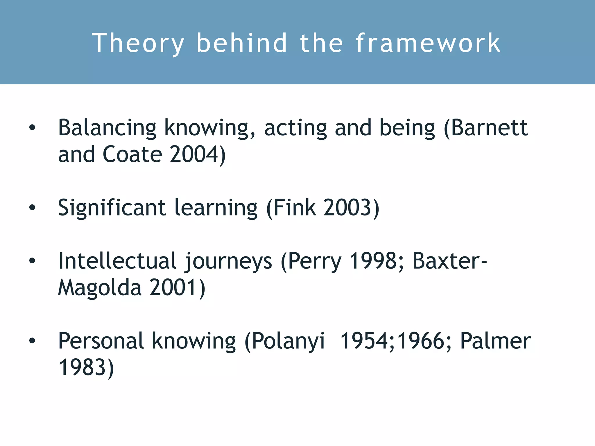 Theory behind the framework
• Balancing knowing, acting and being (Barnett
and Coate 2004)
• Significant learning (Fink 2003)
• Intellectual journeys (Perry 1998; Baxter-
Magolda 2001)
• Personal knowing (Polanyi 1954;1966; Palmer
1983)
 