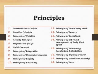 Principles
1. Conservative Principle
2. Creative Principle
3. Principle of Totality
4. Activity Principle
5. Preparation of Life
6. Child Centered
7. Principle of Integration
8. Principle of Comprehensiveness
9. Principle of Loyalty
10. Principle of Flexibility
11. Principle of Community need
12. Principle of Leisure
13. Principle of Social Life
14. Principle of all round
development of Body Mind
Spirit
15. Principle of Democracy,
Secularism & Socialism
16. Principle of Dignity of labor
17. Principle of Character Building
18. Principle of Core
 
