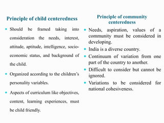Principle of child centeredness Principle of community
centeredness
 Should be framed taking into
consideration the needs, interest,
attitude, aptitude, intelligence, socio-
economic status, and background of
the child.
 Organized according to the children’s
personality variables.
 Aspects of curriculum like objectives,
content, learning experiences, must
be child friendly.
 Needs, aspiration, values of a
community must be considered in
developing.
 India is a diverse country.
 Continuum of variation from one
part of the country to another.
 Difficult to consider but cannot be
ignored.
 Variations to be considered for
national cohesiveness.
 