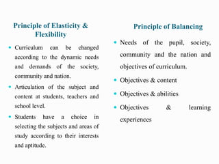 Principle of Elasticity &
Flexibility
Principle of Balancing
 Curriculum can be changed
according to the dynamic needs
and demands of the society,
community and nation.
 Articulation of the subject and
content at students, teachers and
school level.
 Students have a choice in
selecting the subjects and areas of
study according to their interests
and aptitude.
 Needs of the pupil, society,
community and the nation and
objectives of curriculum.
 Objectives & content
 Objectives & abilities
 Objectives & learning
experiences
 