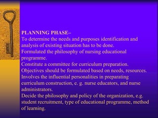 PLANNING PHASE–
To determine the needs and purposes identification and
analysis of existing situation has to be done.
Formulated the philosophy of nursing educational
programme.
Constitute a committee for curriculum preparation.
Objectives should be formulated based on needs, resources.
Involves the influential personalities in preparating
curriculum construction, e. g. nurse educators, and nurse
administrators.
Decide the philosophy and policy of the organization, e.g.
student recruitment, type of educational programme, method
of learning.
 