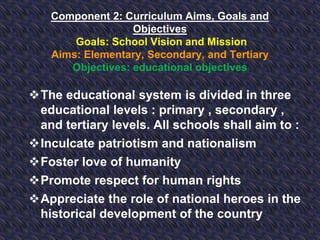 Component 2: Curriculum Aims, Goals and
Objectives
Goals: School Vision and Mission
Aims: Elementary, Secondary, and Tertiary
Objectives: educational objectives
The educational system is divided in three
educational levels : primary , secondary ,
and tertiary levels. All schools shall aim to :
Inculcate patriotism and nationalism
Foster love of humanity
Promote respect for human rights
Appreciate the role of national heroes in the
historical development of the country
 