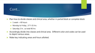 Cont…
 Plan how to divide classes and clinical area, whether in partial block or complete block
 1 week = 40 hours
 Monday to Friday , 5*7=35 hrs
 Saturday 5 hr , so total 40 hrs
 Accordingly divide into classes and clinical area. Different color and codes can be used
to depict various areas.
 Make key indicating areas and hours allotted.
 