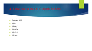 4. EVALUATION OF CURRICULUM
 Evaluate 5 M
 Men
 Money
 Material
 Method
 Minute
 