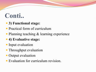 Conti..
 3) Functional stage:
 Practical form of curriculum
 Planning teaching & learning experience
 4) Evaluative stage:
 Input evaluation
 Throughput evaluation
 Output evaluation
 Evaluation for curriculum revision.
 