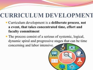 CURRICULUM DEVELOPMENT
 Curriculum development is a deliberate process, not
a event, that takes concentrated time, effort and
faculty commitment
 The process consist of a serious of systemic, logical,
dynamic spiral and progressive stages that can be time
concerning and labor intensive.
 