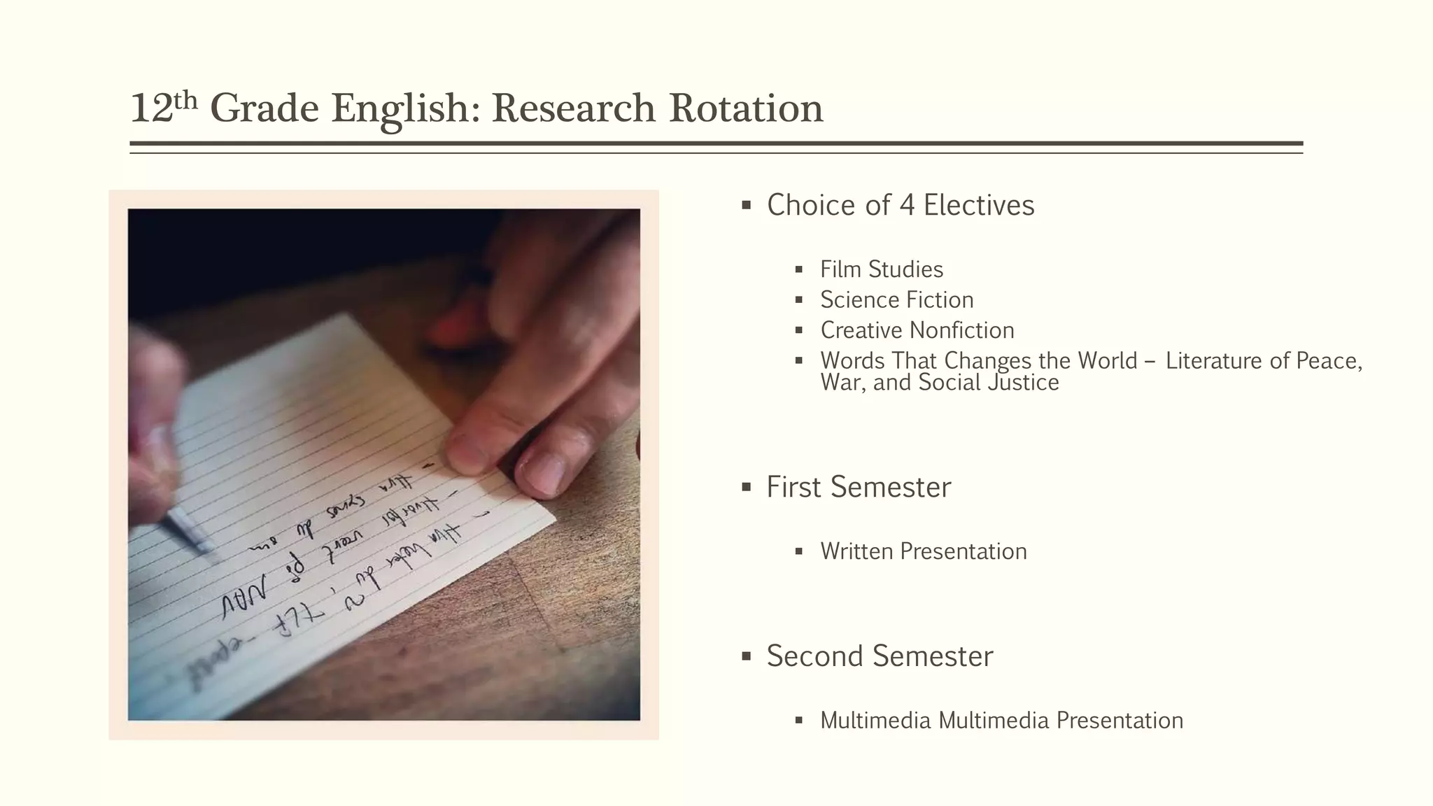 12th Grade English: Research Rotation
 Choice of 4 Electives
 Film Studies
 Science Fiction
 Creative Nonfiction
 Words That Changes the World – Literature of Peace,
War, and Social Justice
 First Semester
 Written Presentation
 Second Semester
 Multimedia Multimedia Presentation
 