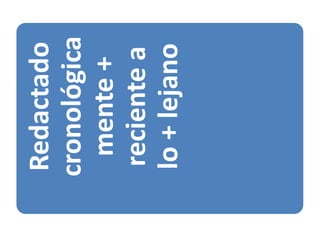 Redactado
cronológica
  mente +
 reciente a
 lo + lejano
 