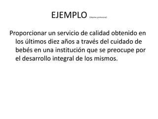 EJEMPLO      (Objetivo profesional)




Proporcionar un servicio de calidad obtenido en
  los últimos diez años a través del cuidado de
  bebés en una institución que se preocupe por
  el desarrollo integral de los mismos.
 