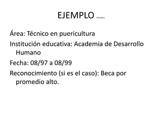 EJEMPLO      (Estudios)




Área: Técnico en puericultura
Institución educativa: Academia de Desarrollo
  Humano
Fecha: 08/97 a 08/99
Reconocimiento (si es el caso): Beca por
  promedio alto.
 