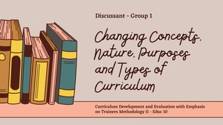 Changing Concepts,
Nature, Purposes
and Types of
Curriculum
Curriculum Development and Evaluation with Emphasis
on Trainers Methodology II - Educ 10
Discussant - Group 1
 