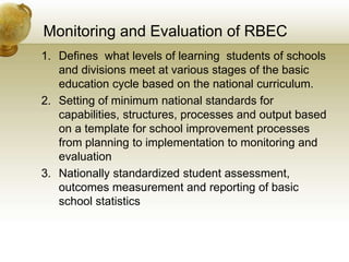 Monitoring and Evaluation of RBEC
1. Defines what levels of learning students of schools
and divisions meet at various stages of the basic
education cycle based on the national curriculum.
2. Setting of minimum national standards for
capabilities, structures, processes and output based
on a template for school improvement processes
from planning to implementation to monitoring and
evaluation
3. Nationally standardized student assessment,
outcomes measurement and reporting of basic
school statistics
 