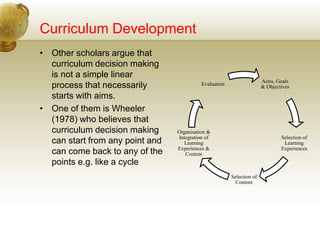 Curriculum Development
• Other scholars argue that
curriculum decision making
is not a simple linear
process that necessarily
starts with aims.
• One of them is Wheeler
(1978) who believes that
curriculum decision making
can start from any point and
can come back to any of the
points e.g. like a cycle
Aims, Goals
& Objectives
Selection of
Learning
Experiences
Selection of
Content
Organisation &
Integration of
Learning
Experiences &
Content
Evaluation
 