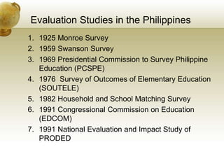 Evaluation Studies in the Philippines
1. 1925 Monroe Survey
2. 1959 Swanson Survey
3. 1969 Presidential Commission to Survey Philippine
Education (PCSPE)
4. 1976 Survey of Outcomes of Elementary Education
(SOUTELE)
5. 1982 Household and School Matching Survey
6. 1991 Congressional Commission on Education
(EDCOM)
7. 1991 National Evaluation and Impact Study of
PRODED
 