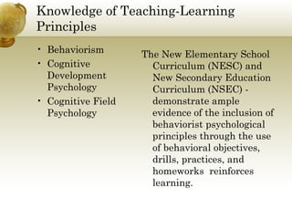 Knowledge of Teaching-Learning
Principles
• Behaviorism
• Cognitive
Development
Psychology
• Cognitive Field
Psychology
The New Elementary School
Curriculum (NESC) and
New Secondary Education
Curriculum (NSEC) -
demonstrate ample
evidence of the inclusion of
behaviorist psychological
principles through the use
of behavioral objectives,
drills, practices, and
homeworks reinforces
learning.
 