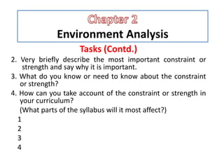 Environment Analysis
Tasks (Contd.)
2. Very briefly describe the most important constraint or
strength and say why it is important.
3. What do you know or need to know about the constraint
or strength?
4. How can you take account of the constraint or strength in
your curriculum?
(What parts of the syllabus will it most affect?)
1
2
3
4
 