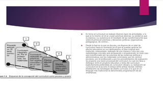  En torno al currículum se realizan diversos tipos de actividades, o lo
que es lo mismo: en él se cruzan prácticas diversas. La verdad es que
su esencia y su sustancia es el resultado de las transformaciones que
sobre él provocan prácticas y decisiones políticas, organizativas,
pedagógicas, de control....
 Desde la fase en la que se discute y se dispone de un plan de
currículum hasta el momento en el que se puedan apreciar los
efectos educativos en sus destinatarios, el plan original será
traducido, interpretado, realizado de una manera u otra, por una
metodología concreta; será enriquecido o empobrecido; en todo caso
será transformado por las prácticas de las instancias políticas y
administrativas, por los materiales curriculares, por los centros
escolares, por el profesorado y por los procedimientos de evaluación.
Se propone una visión procesual del currículum, la cual nos lleva a
distinguir entre el proyecto educativo o texto del currículum
explícitamente pretendido (el currículum oficial) y su realización (el
currículum en la acción). El enlace entre ambas facetas intentan
establecerlo las estrategias de diseño curricular, a lo que en un
lenguaje más tradicional se denominaba programación de las
enseñanzas.
 