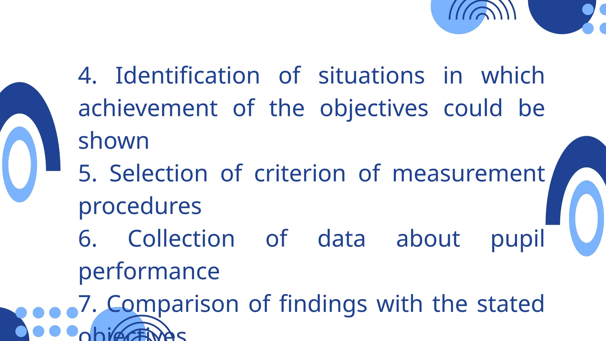 4. Identification of situations in which
achievement of the objectives could be
shown
5. Selection of criterion of measurement
procedures
6. Collection of data about pupil
performance
7. Comparison of findings with the stated
 