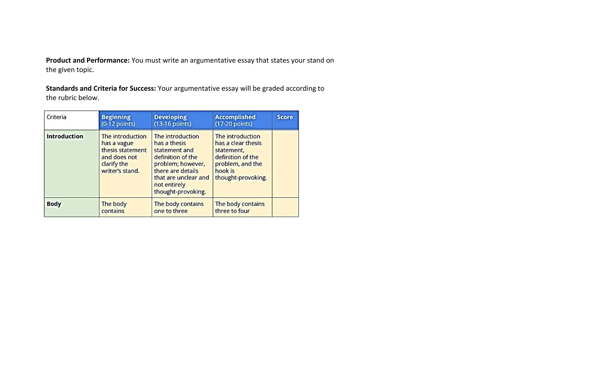 Product and Performance: You must write an argumentative essay that states your stand on
the given topic.
Standards and Criteria for Success: Your argumentative essay will be graded according to
the rubric below.
 