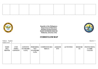 Republic of the Philippines
Department of Education
Division of Cebu Province
ISLER’S SUPERIOR HIGH INC.
Poblacion, Asturias, Cebu
CURRICULUM MAP
Subject: English Quarter: 3
Grade Level: 7
TERM
(N0.):
MONTH
UNIT
TOPIC:
CONTENT
CONTENT
STANDARD
S (CS)
PERFORMA
NCE
STANDARD
S (PS)
COMPETENCIES/
SKILLS
ASSESSM
ENT
ACTIVITIES RESOURC
ES
INSTITUTIONA
L CORE
VALUES
 