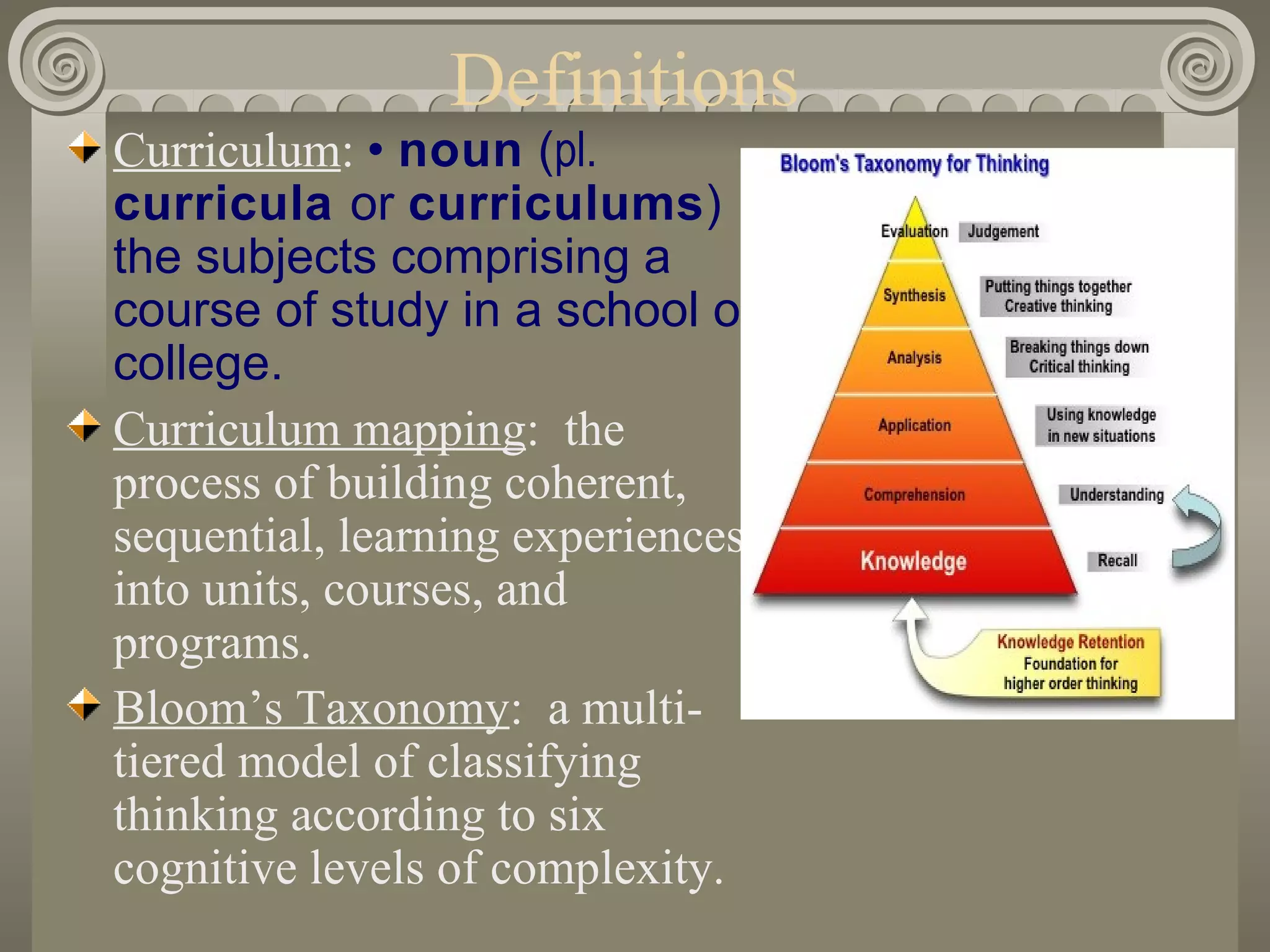 Definitions Curriculum :  •  noun  ( pl.   curricula  or  curriculums ) the subjects comprising a course of study in a school or college.  Curriculum mapping :  the process of building coherent, sequential, learning experiences into units, courses, and programs. Bloom’s Taxonomy :  a multi-tiered model of classifying thinking according to six cognitive levels of complexity. 